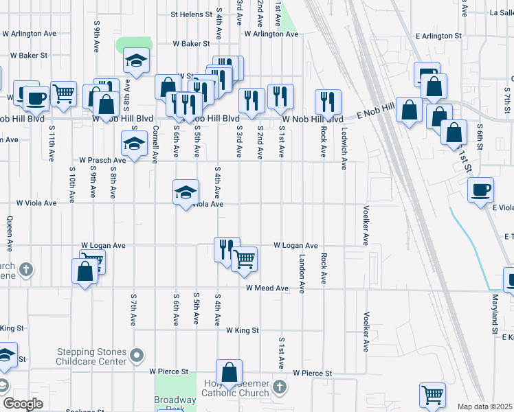 map of restaurants, bars, coffee shops, grocery stores, and more near 1306 South 2nd Avenue in Yakima