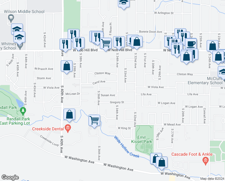 map of restaurants, bars, coffee shops, grocery stores, and more near 3406 Susan Avenue in Yakima