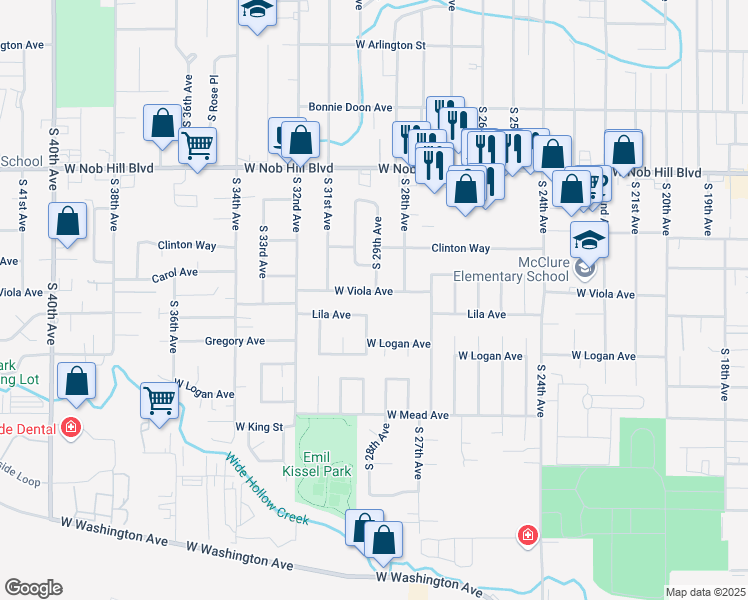 map of restaurants, bars, coffee shops, grocery stores, and more near 2800 West Viola Avenue in Yakima