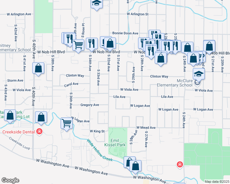 map of restaurants, bars, coffee shops, grocery stores, and more near 3102 Lila Avenue in Yakima