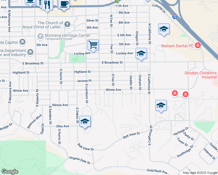 map of restaurants, bars, coffee shops, grocery stores, and more near 411 South Fee Street in Helena
