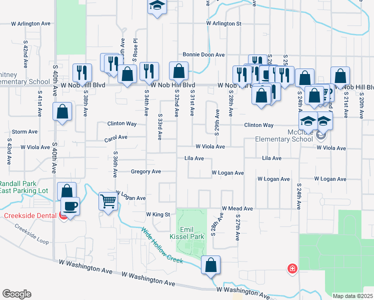 map of restaurants, bars, coffee shops, grocery stores, and more near 3102 Lila Avenue in Yakima
