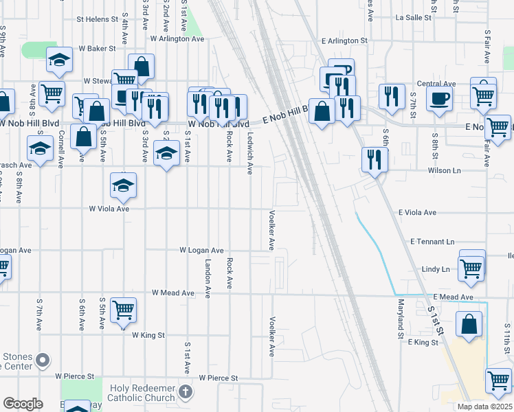 map of restaurants, bars, coffee shops, grocery stores, and more near 1307 Ledwich Avenue in Yakima