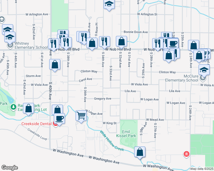 map of restaurants, bars, coffee shops, grocery stores, and more near 3306 West Viola Avenue in Yakima