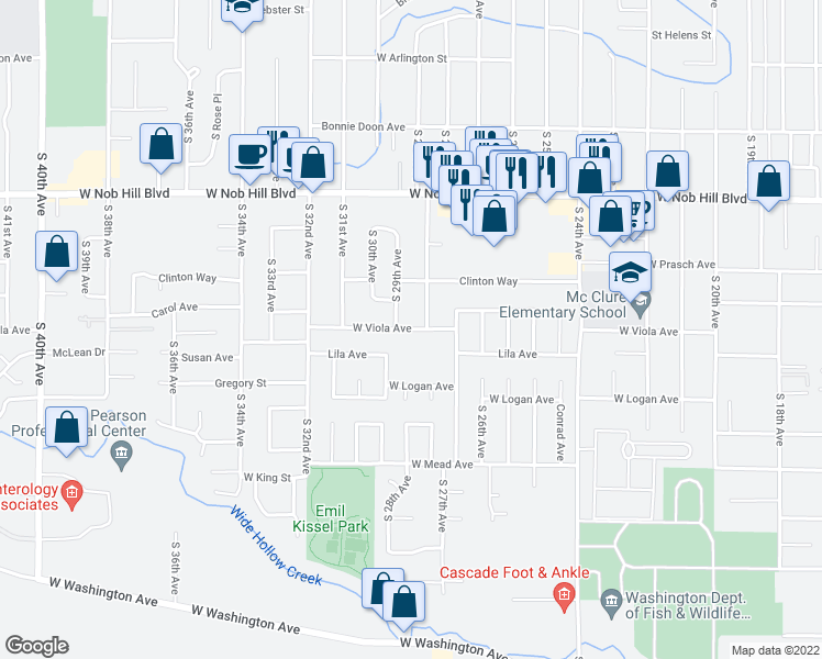 map of restaurants, bars, coffee shops, grocery stores, and more near 1204 South 28th Avenue in Yakima