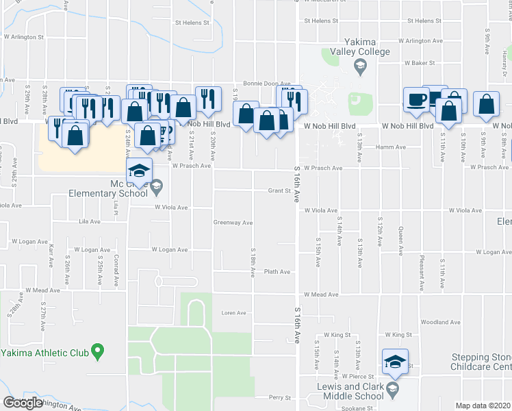 map of restaurants, bars, coffee shops, grocery stores, and more near 1207 South 18th Avenue in Yakima