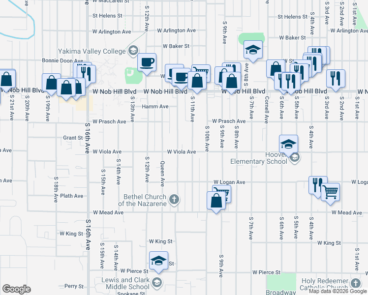 map of restaurants, bars, coffee shops, grocery stores, and more near 1017 West Viola Avenue in Yakima