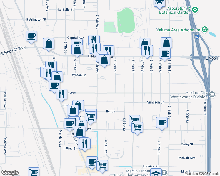 map of restaurants, bars, coffee shops, grocery stores, and more near 1121 East Viola Avenue in Yakima