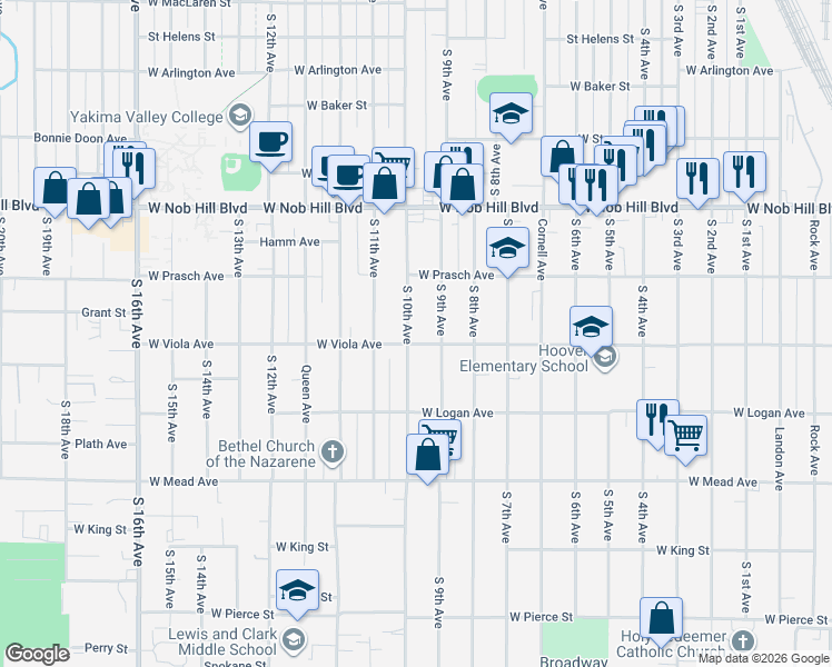 map of restaurants, bars, coffee shops, grocery stores, and more near 1212 South 9th Avenue in Yakima