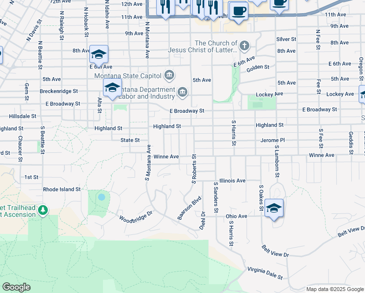 map of restaurants, bars, coffee shops, grocery stores, and more near 229 Wallace Street in Helena