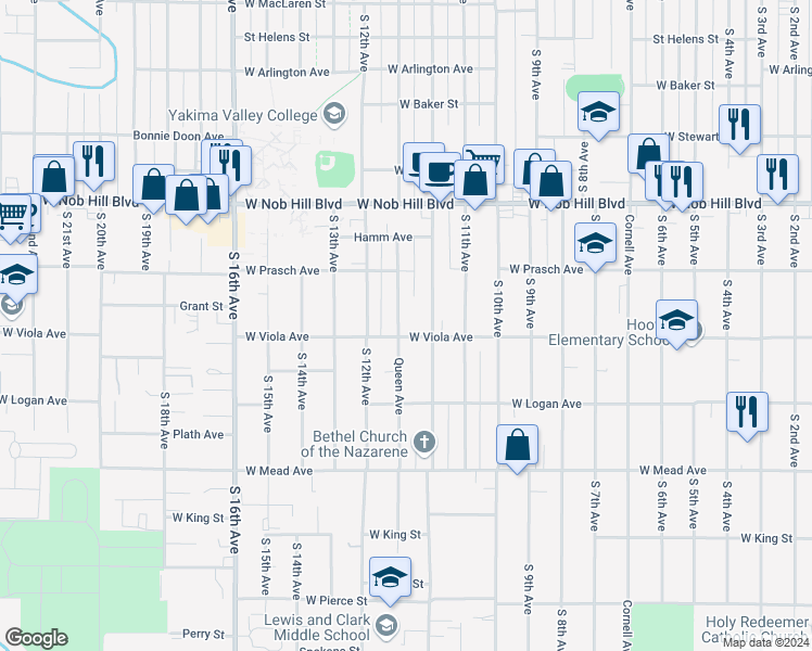 map of restaurants, bars, coffee shops, grocery stores, and more near 1221 Queen Avenue in Yakima