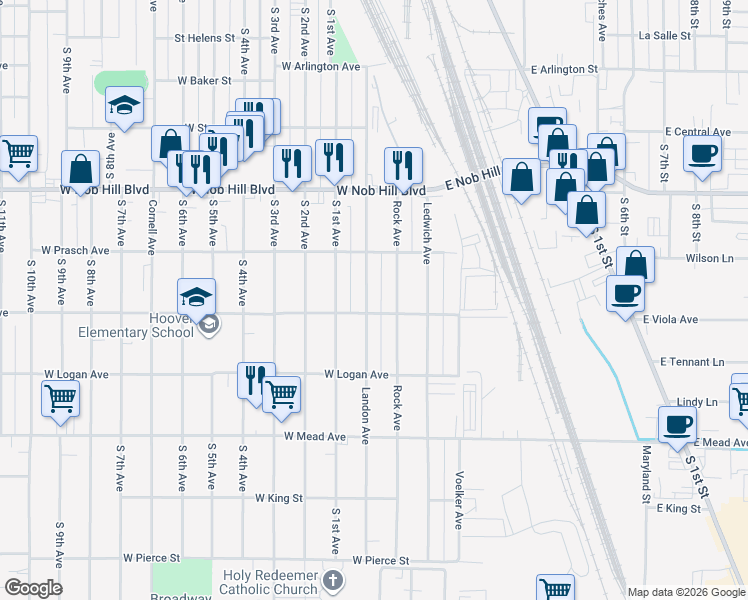 map of restaurants, bars, coffee shops, grocery stores, and more near 1209 Landon Avenue in Yakima