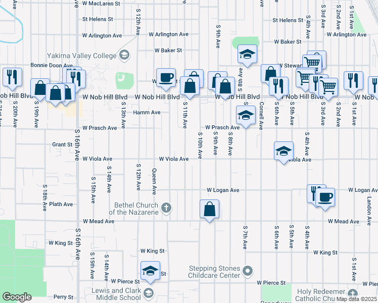 map of restaurants, bars, coffee shops, grocery stores, and more near 1212 South 10th Avenue in Yakima