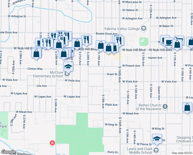 map of restaurants, bars, coffee shops, grocery stores, and more near 1810 Grant Street in Yakima