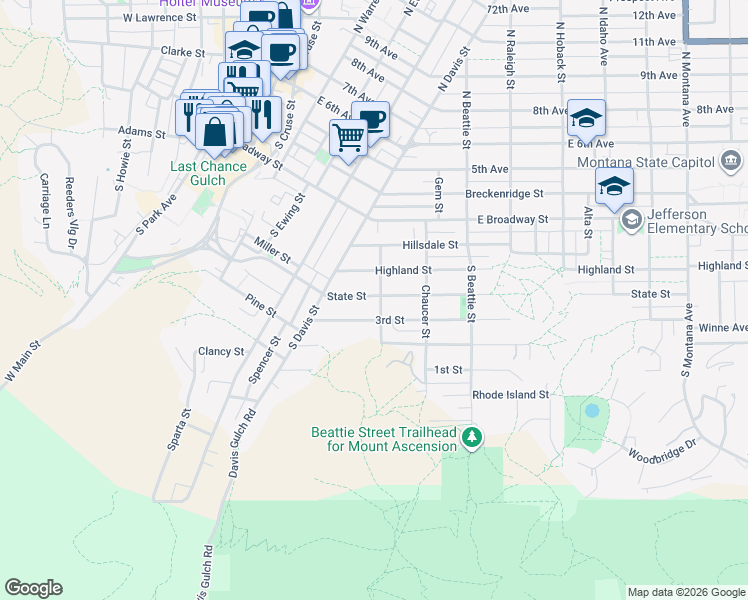 map of restaurants, bars, coffee shops, grocery stores, and more near 202 Blake Street in Helena