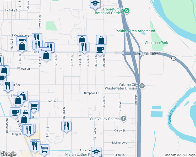 map of restaurants, bars, coffee shops, grocery stores, and more near 1507 S 17th St in Yakima