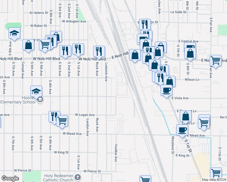 map of restaurants, bars, coffee shops, grocery stores, and more near 1209 Ledwich Avenue in Yakima
