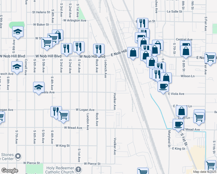 map of restaurants, bars, coffee shops, grocery stores, and more near 1209 Ledwich Avenue in Yakima