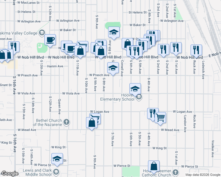 map of restaurants, bars, coffee shops, grocery stores, and more near 1207 S 7th Ave in Yakima