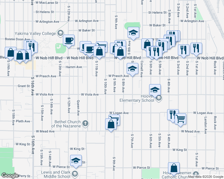 map of restaurants, bars, coffee shops, grocery stores, and more near 1212 South 9th Avenue in Yakima