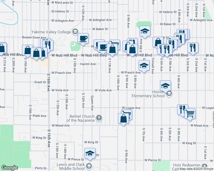 map of restaurants, bars, coffee shops, grocery stores, and more near 1211 Pleasant Avenue in Yakima