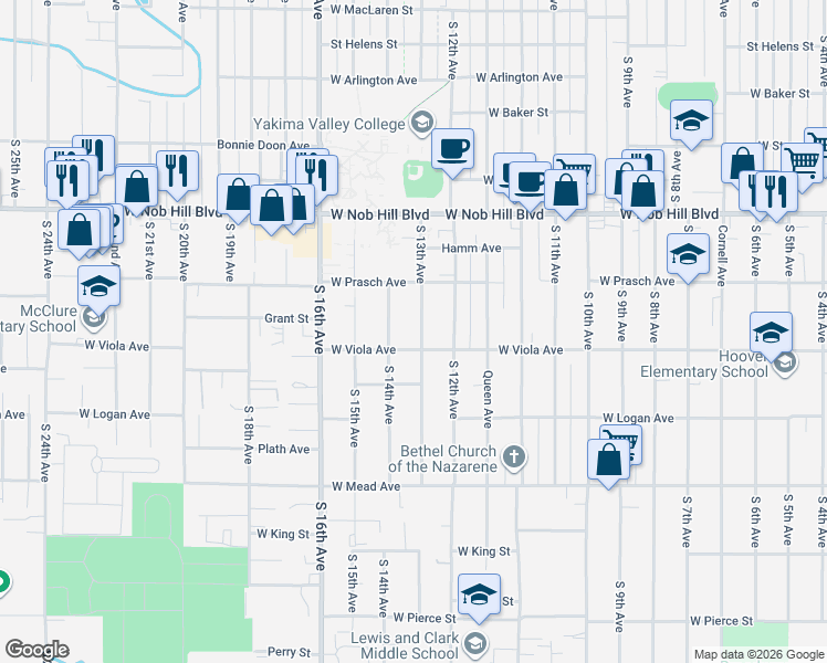 map of restaurants, bars, coffee shops, grocery stores, and more near 1210-1/2 South 13th Avenue in Yakima