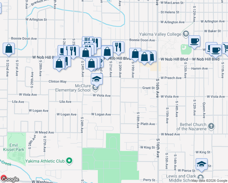 map of restaurants, bars, coffee shops, grocery stores, and more near 1210 S 21st Ave in Yakima