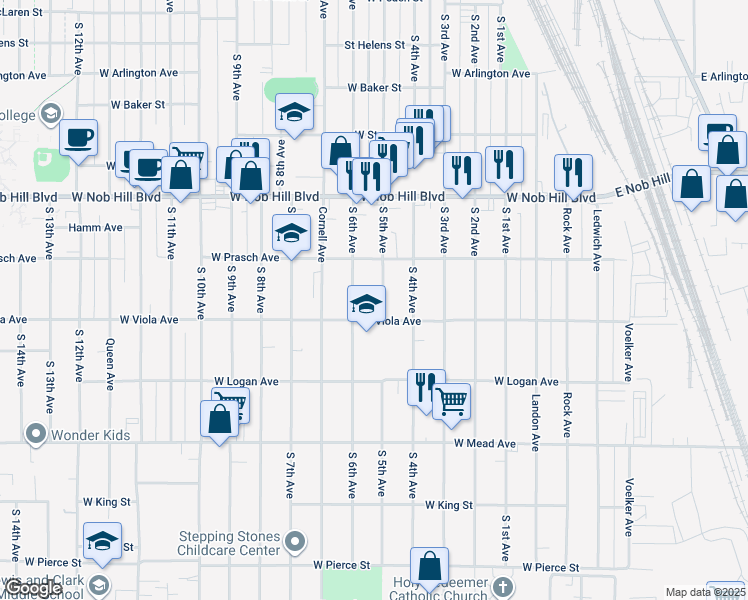 map of restaurants, bars, coffee shops, grocery stores, and more near 1211 South 6th Avenue in Yakima