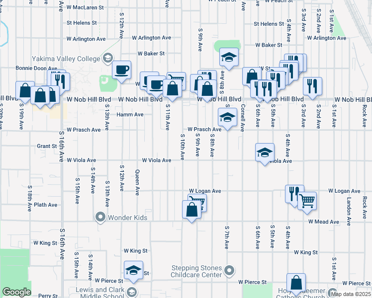 map of restaurants, bars, coffee shops, grocery stores, and more near 1213 South 10th Avenue in Yakima