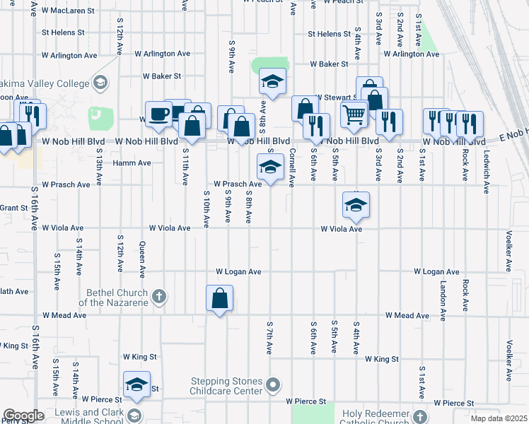 map of restaurants, bars, coffee shops, grocery stores, and more near 1207 S 7th Ave in Yakima