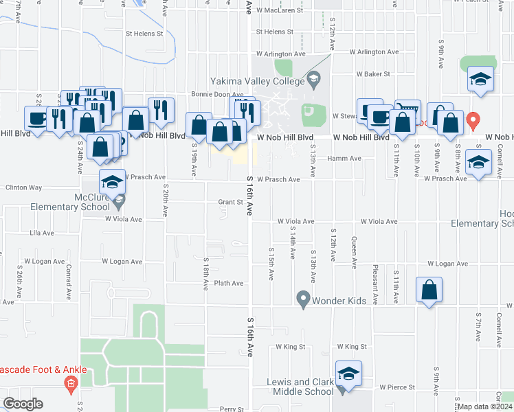 map of restaurants, bars, coffee shops, grocery stores, and more near 1209 South 16th Avenue in Yakima