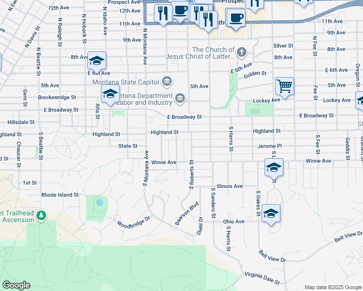 map of restaurants, bars, coffee shops, grocery stores, and more near 221 Wallace Street in Helena