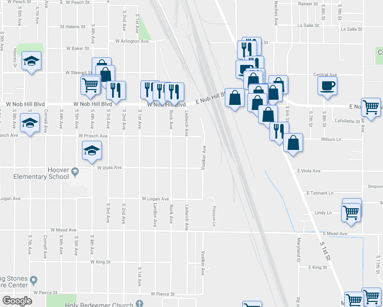 map of restaurants, bars, coffee shops, grocery stores, and more near 1209 Ledwich Avenue in Yakima