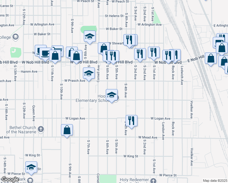 map of restaurants, bars, coffee shops, grocery stores, and more near 1211 South 6th Avenue in Yakima