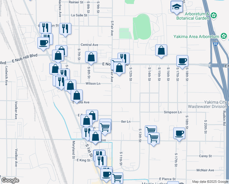 map of restaurants, bars, coffee shops, grocery stores, and more near 1511 South Fair Avenue in Yakima