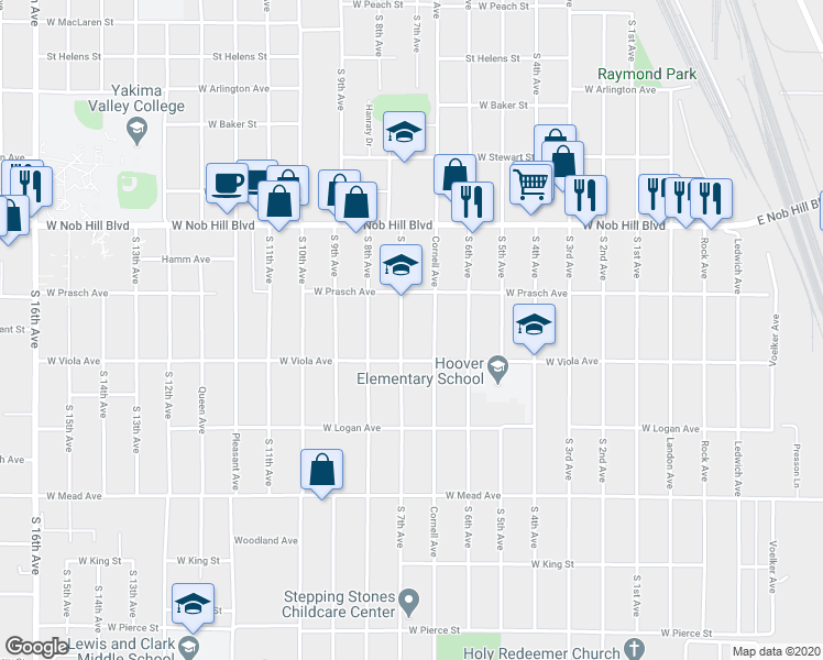 map of restaurants, bars, coffee shops, grocery stores, and more near 1207 South 7th Avenue in Yakima