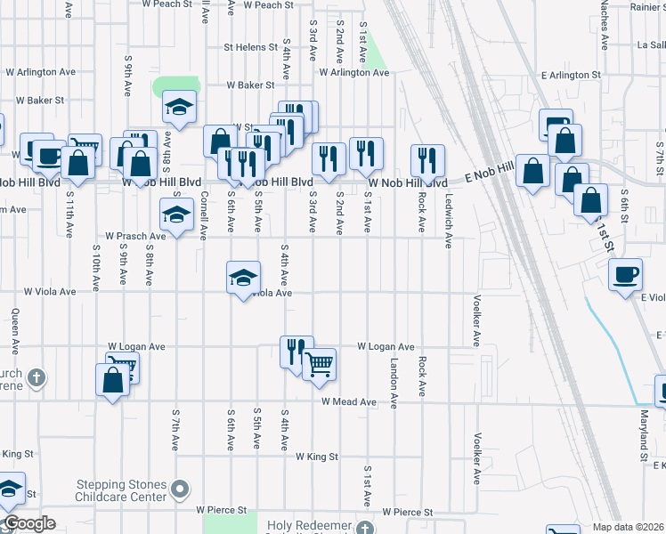 map of restaurants, bars, coffee shops, grocery stores, and more near 1212 South 2nd Avenue in Yakima