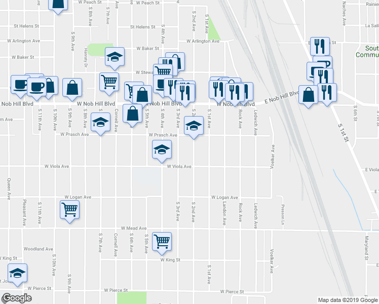map of restaurants, bars, coffee shops, grocery stores, and more near 1212 S 2nd Ave in Yakima