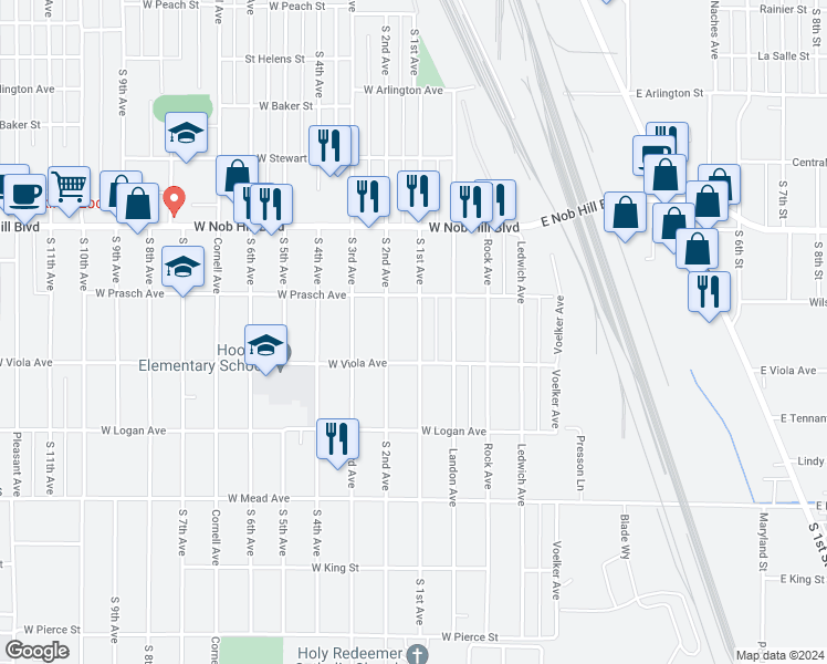 map of restaurants, bars, coffee shops, grocery stores, and more near 1212 South 1st Avenue in Yakima