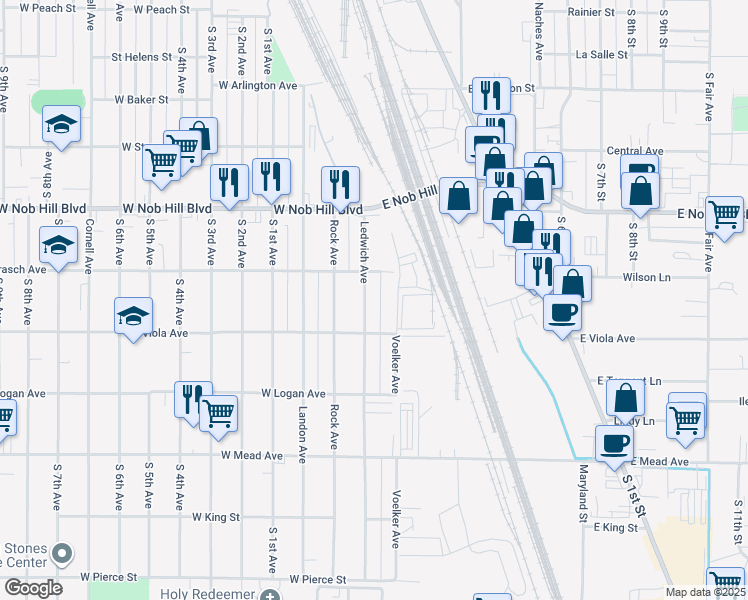 map of restaurants, bars, coffee shops, grocery stores, and more near 1209 Ledwich Avenue in Yakima