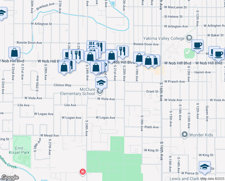 map of restaurants, bars, coffee shops, grocery stores, and more near 1210 South 21st Avenue in Yakima