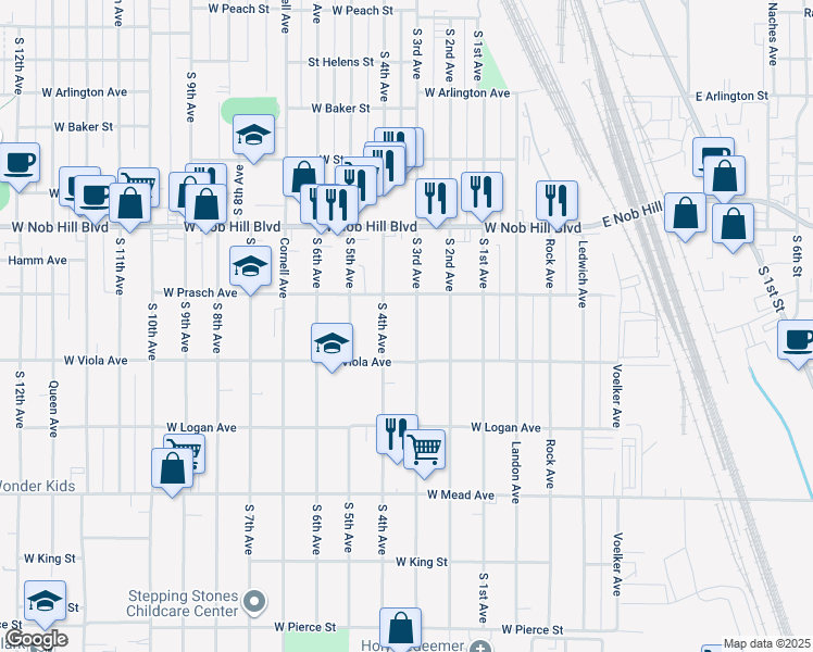 map of restaurants, bars, coffee shops, grocery stores, and more near 1210 South 3rd Avenue in Yakima