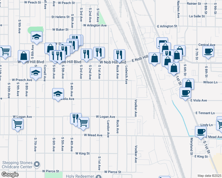 map of restaurants, bars, coffee shops, grocery stores, and more near 1209 Landon Avenue in Yakima