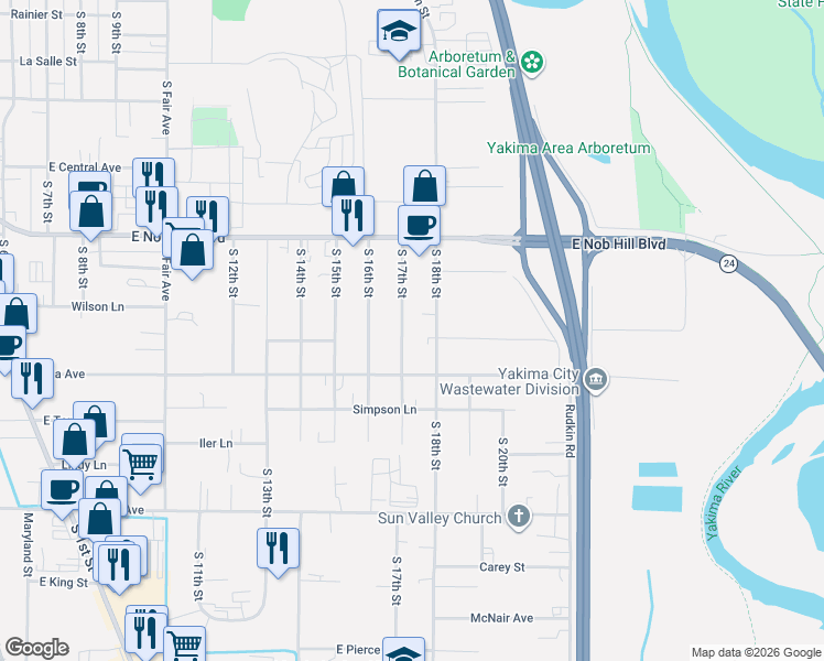 map of restaurants, bars, coffee shops, grocery stores, and more near 1507 S 17th St in Yakima