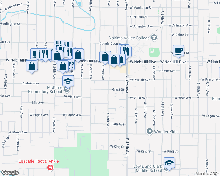 map of restaurants, bars, coffee shops, grocery stores, and more near 1207 South 18th Avenue in Yakima