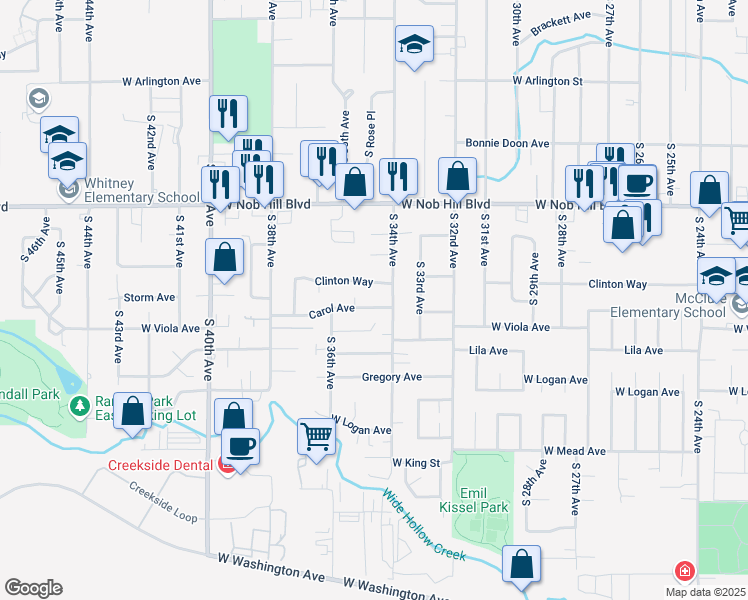 map of restaurants, bars, coffee shops, grocery stores, and more near 3409 W Carol Ave in Yakima