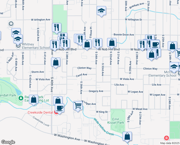 map of restaurants, bars, coffee shops, grocery stores, and more near 3409 W Carol Ave in Yakima