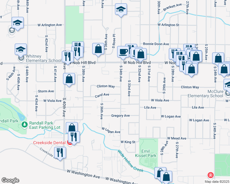 map of restaurants, bars, coffee shops, grocery stores, and more near 3409 W Carol Ave in Yakima