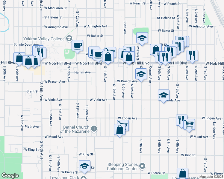map of restaurants, bars, coffee shops, grocery stores, and more near 1212 South 10th Avenue in Yakima