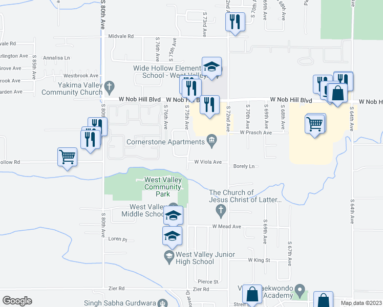 map of restaurants, bars, coffee shops, grocery stores, and more near 1235 South 75th Avenue in Yakima